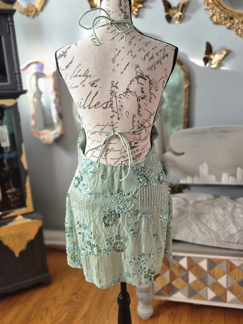 70s Vibe Mint Green Halter Cocktail Dress Medium - Picture 4 of 7